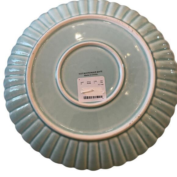 Aqua Ceramic Dinner Plates 11" Turquoise Scalloped Edge Gold Accent Set of 4 New - Picture 11 of 16